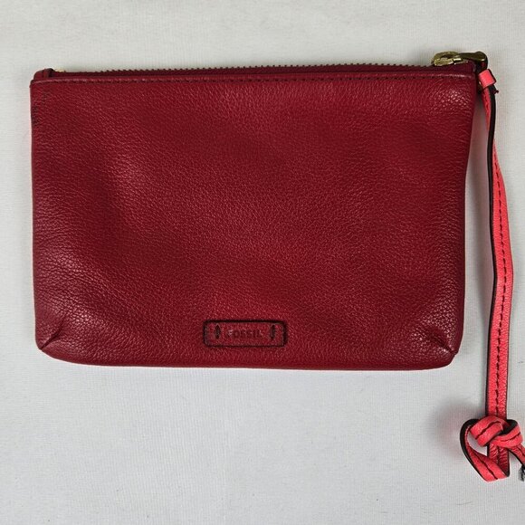 Fossil Pebbled Cowhide Leather Keely Colorblock Pouch Dark Red Pink/Coral - Picture 6 of 9